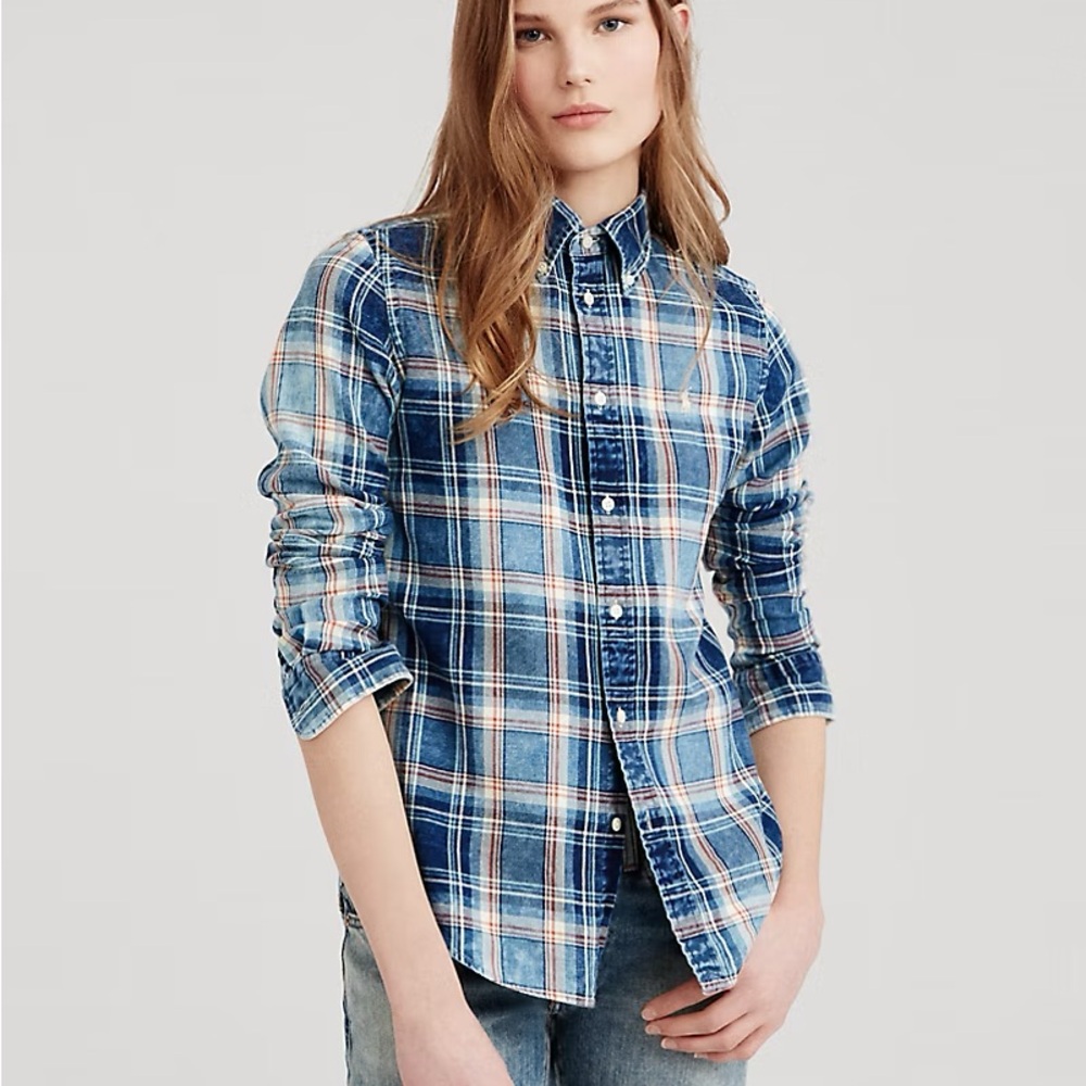 Ralph Lauren classic fit cotton plaid 835 indigo red washed rustic plaid shirt